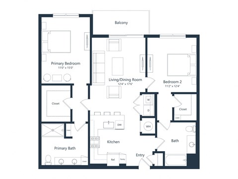 Floor plan for 2 beds, 2 baths, 1136 sqft